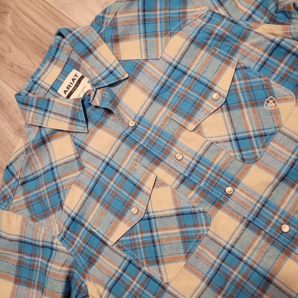 Ariat Handley Reto Snap Flannel Western Shirt Mens Medium Sylvan Teal NEW